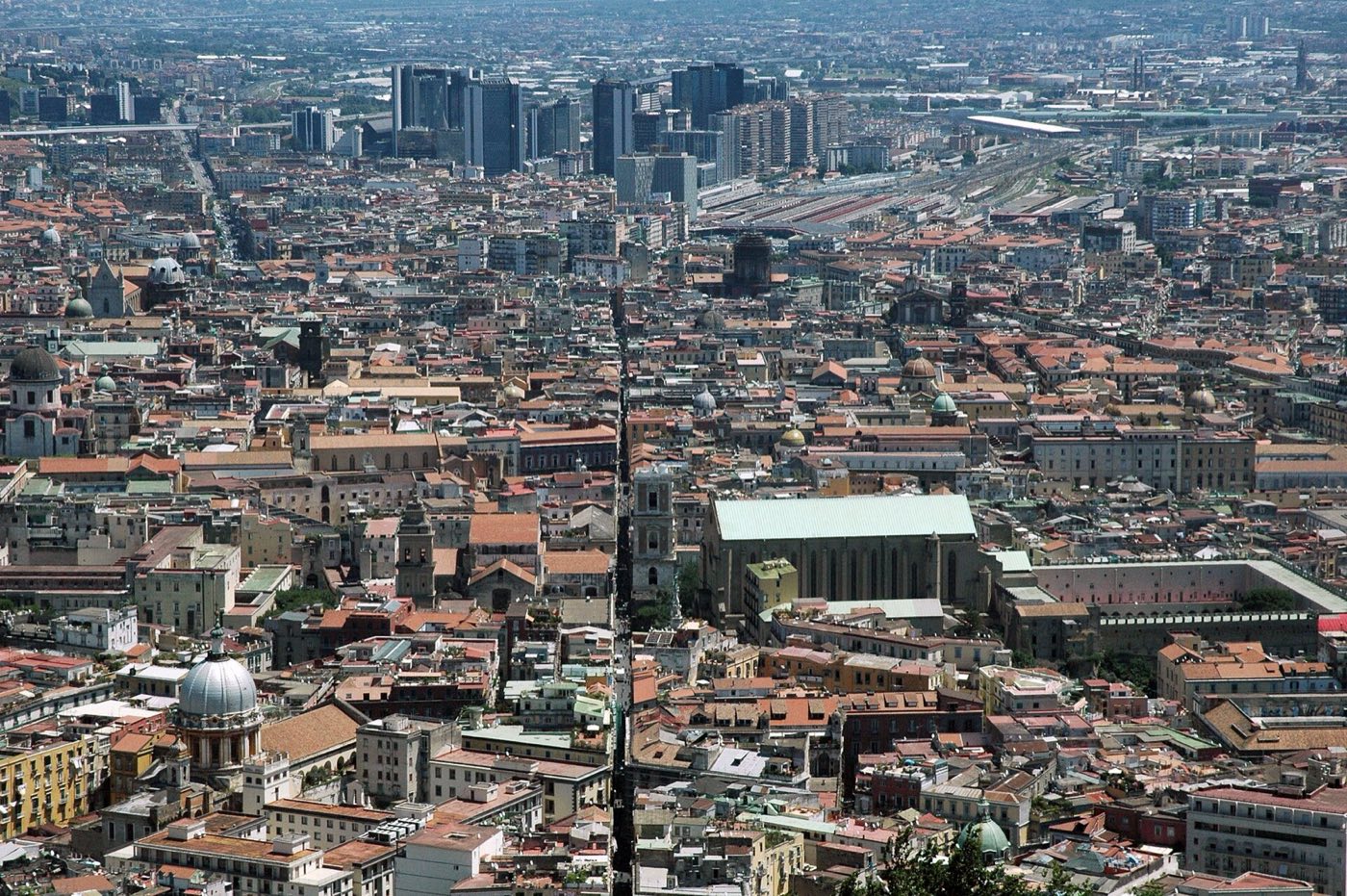 Spaccanapoli cutting straight through the rooftops of Naples old town, seen from Castel Sant'Elmo